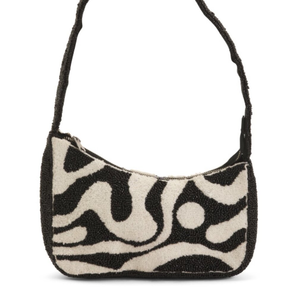 BNWT Hand-Beaded Shoulder Bag | Black & Cream Abstract Swirl Print